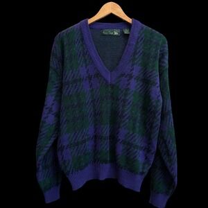 Vintage Kings Court Womens Purple Green Plaid V-Neck Knit 90's S Sweater #76